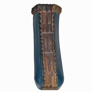 Pottery Wall Pocket Vase Studio Art Clay Blue Brown Embossed Handmade 7.75 in